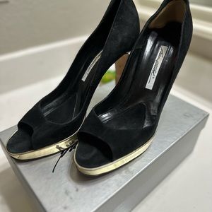 Brian Atwood Black Suede/Gold platform peep toe pumps